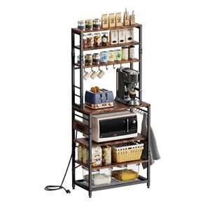 monesti 7-tier kitchen baker’s rack with power outlet，utility storage shelf rack with 12 hooks, industrial microwave stand, floor standing spice rack organizer workstation(rustic brown).