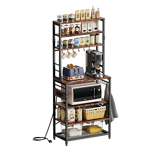 Monesti 7-Tier Kitchen Baker’s Rack with Power Outlet，Utility Storage Shelf Rack with 12 Hooks, Industrial Microwave Stand, Floor Standing Spice Rack Organizer Workstation(Rustic Brown).