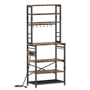 Monesti 7-Tier Kitchen Baker’s Rack with Power Outlet，Utility Storage Shelf Rack with 12 Hooks, Industrial Microwave Stand, Floor Standing Spice Rack Organizer Workstation(Rustic Brown).