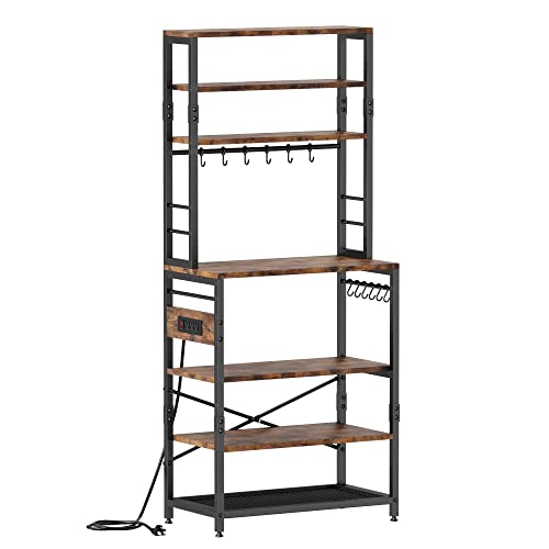 Monesti 7-Tier Kitchen Baker’s Rack with Power Outlet，Utility Storage Shelf Rack with 12 Hooks, Industrial Microwave Stand, Floor Standing Spice Rack Organizer Workstation(Rustic Brown).