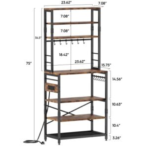 Monesti 7-Tier Kitchen Baker’s Rack with Power Outlet，Utility Storage Shelf Rack with 12 Hooks, Industrial Microwave Stand, Floor Standing Spice Rack Organizer Workstation(Rustic Brown).