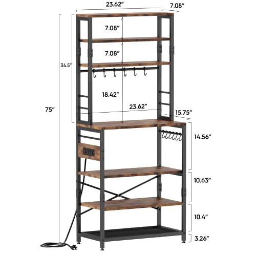 Monesti 7-Tier Kitchen Baker’s Rack with Power Outlet，Utility Storage Shelf Rack with 12 Hooks, Industrial Microwave Stand, Floor Standing Spice Rack Organizer Workstation(Rustic Brown).