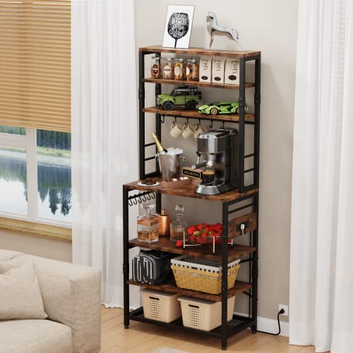 Monesti 7-Tier Kitchen Baker’s Rack with Power Outlet，Utility Storage Shelf Rack with 12 Hooks, Industrial Microwave Stand, Floor Standing Spice Rack Organizer Workstation(Rustic Brown).