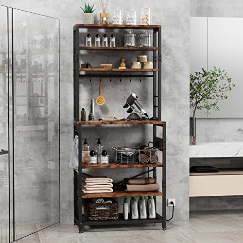 Monesti 7-Tier Kitchen Baker’s Rack with Power Outlet，Utility Storage Shelf Rack with 12 Hooks, Industrial Microwave Stand, Floor Standing Spice Rack Organizer Workstation(Rustic Brown).