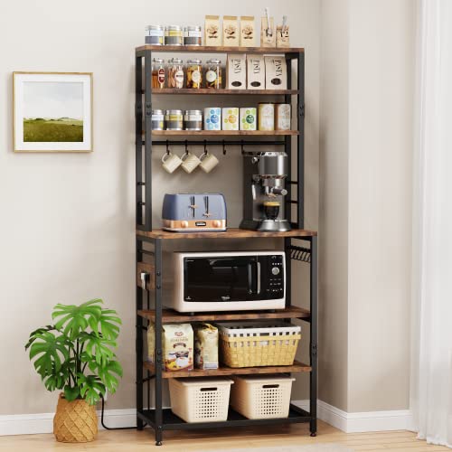 Monesti 7-Tier Kitchen Baker’s Rack with Power Outlet，Utility Storage Shelf Rack with 12 Hooks, Industrial Microwave Stand, Floor Standing Spice Rack Organizer Workstation(Rustic Brown).