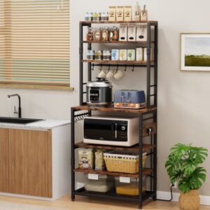 Monesti 7-Tier Kitchen Baker’s Rack with Power Outlet，Utility Storage Shelf Rack with 12 Hooks, Industrial Microwave Stand, Floor Standing Spice Rack Organizer Workstation(Rustic Brown).