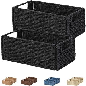 small wicker storage baskets, vagusicc hand-woven paper rope storage organizer baskets bins (set of 2), toilet paper small wicker baskets with handles for organizing toilet shelves pantry, black