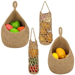 4 pcs jute hanging fruit baskets for kitchen boho hanging wall basket handwoven potato garlic onion pantry storage baskets for kitchen wall home restaurant vegetable holder (khaki, classic style)