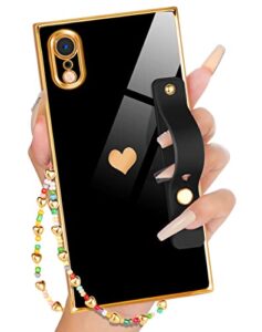petitian for iphone xr square case loopy stand/strap, luxury cute women girls heart electroplated designer squared edge phone cases for xr, black