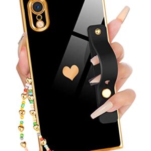 Petitian for iPhone XR Square Case Loopy Stand/Strap, Luxury Cute Women Girls Heart Electroplated Designer Squared Edge Phone Cases for XR, Black