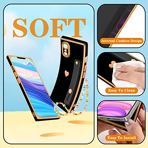 Petitian for iPhone XR Square Case Loopy Stand/Strap, Luxury Cute Women Girls Heart Electroplated Designer Squared Edge Phone Cases for XR, Black