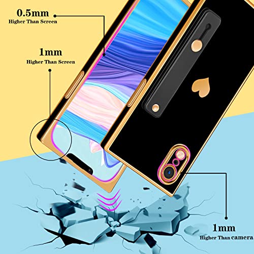 Petitian for iPhone XR Square Case Loopy Stand/Strap, Luxury Cute Women Girls Heart Electroplated Designer Squared Edge Phone Cases for XR, Black