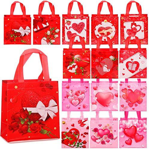 14 Pcs Valentines Day Gift Bags with Handles Reusable Treat Bag Valentines Day Party Bags Multifunctional Non Woven Heart Tote Bag for Valentines Party Supplies Gifts Wrapping, 9.06 x 8.66 x 4.33 Inch