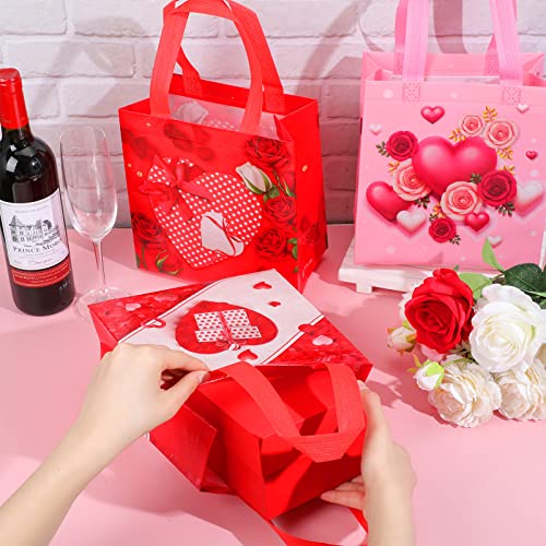 14 Pcs Valentines Day Gift Bags with Handles Reusable Treat Bag Valentines Day Party Bags Multifunctional Non Woven Heart Tote Bag for Valentines Party Supplies Gifts Wrapping, 9.06 x 8.66 x 4.33 Inch