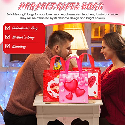 14 Pcs Valentines Day Gift Bags with Handles Reusable Treat Bag Valentines Day Party Bags Multifunctional Non Woven Heart Tote Bag for Valentines Party Supplies Gifts Wrapping, 9.06 x 8.66 x 4.33 Inch