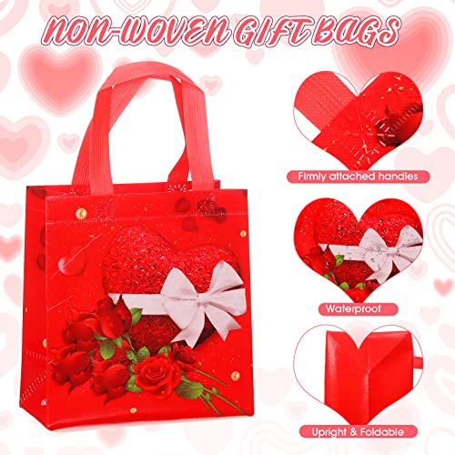 14 Pcs Valentines Day Gift Bags with Handles Reusable Treat Bag Valentines Day Party Bags Multifunctional Non Woven Heart Tote Bag for Valentines Party Supplies Gifts Wrapping, 9.06 x 8.66 x 4.33 Inch