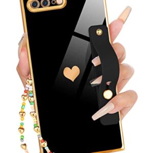 Petitian for iPhone 8 Plus/7 Plus Square Case with Loopy Stand/Strap, Luxury Cute Women Girls Heart Electroplated Designer Squared Edge Phone Cases for 7/8 Plus, Black