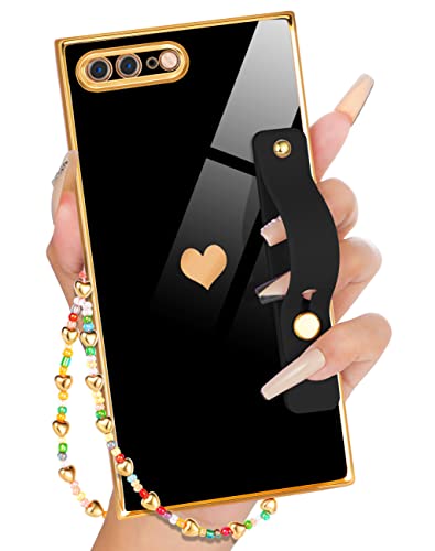 Petitian for iPhone 8 Plus/7 Plus Square Case with Loopy Stand/Strap, Luxury Cute Women Girls Heart Electroplated Designer Squared Edge Phone Cases for 7/8 Plus, Black