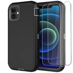 wedall iphone 12/12 pro heavy duty military case, shockproof 3-layer protection, 2 screen protectors, black/gray