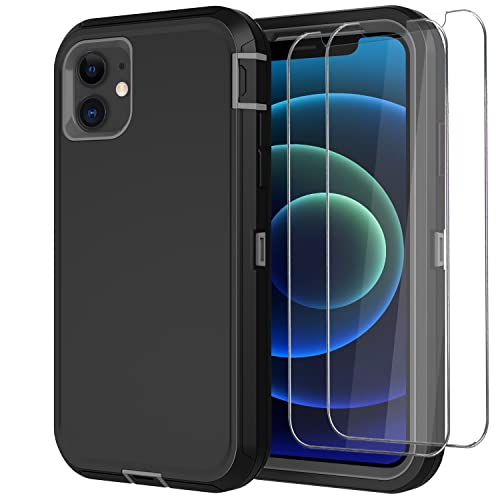 Wedall iPhone 12/12 Pro Heavy Duty Military Case, Shockproof 3-Layer Protection, 2 Screen Protectors, Black/Gray