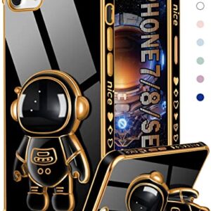 Coralogo for iPhone SE 2022/2020/8/7 Case Astronaut Cute for Women Girls Girly Unique Black Phone Cases with Astronaut Hidden Stand Kickstand 6D Design Cover for iPhone 7/8/SE 4.7 inch