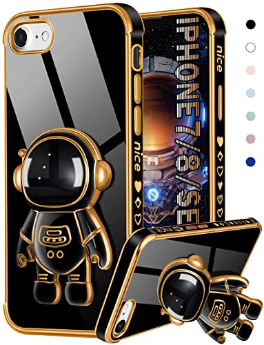 Coralogo for iPhone SE 2022/2020/8/7 Case Astronaut Cute for Women Girls Girly Unique Black Phone Cases with Astronaut Hidden Stand Kickstand 6D Design Cover for iPhone 7/8/SE 4.7 inch