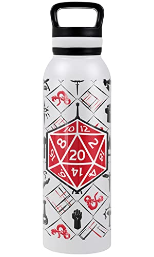 Dungeons & Dragons OFFICIAL D20 Pattern 24 oz Insulated Canteen Water Bottle, Leak Resistant, Vacuum Insulated Stainless Steel with Loop Cap