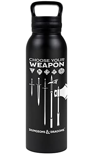 Dungeons & Dragons OFFICIAL Choose Your Weapon 24 oz Insulated Canteen Water Bottle, Leak Resistant, Vacuum Insulated Stainless Steel with Loop Cap