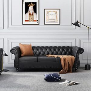 wirrytor chesterfield classic sofa, modern leather 3 seater sofa, upholstered tufted back settee couch with rolled arms nailhead trim for living room bedroom(black)