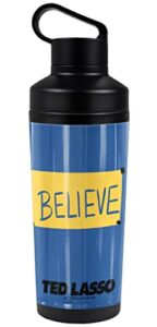 ted lasso official ted lasso believe sign 18 oz insulated water bottle, leak resistant, vacuum insulated stainless steel with 2-in-1 loop cap