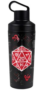 dungeons & dragons official d20 pattern 18 oz insulated water bottle, leak resistant, vacuum insulated stainless steel with 2-in-1 loop cap