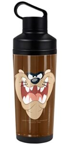 looney tunes official taz face 18 oz insulated water bottle, leak resistant, vacuum insulated stainless steel with 2-in-1 loop cap