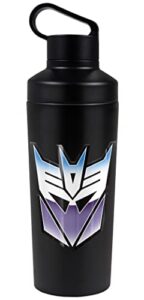 transformers official vintage decepticon logo 18 oz insulated water bottle, leak resistant, vacuum insulated stainless steel with 2-in-1 loop cap