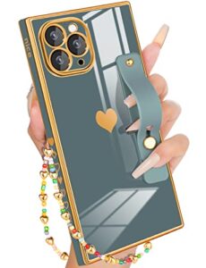 petitian for iphone 11 pro max square case loopy stand/strap, luxury cute women girls heart electroplated designer squared edge phone cases for 11 pro max, grey blue