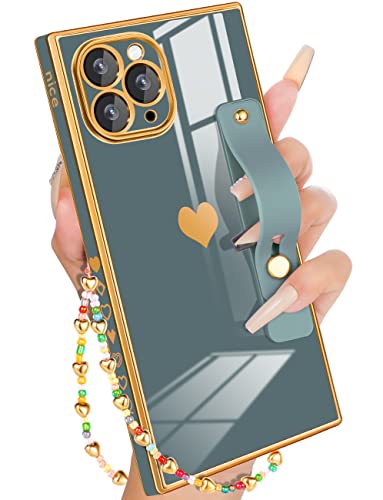 Petitian for iPhone 11 Pro Max Square Case Loopy Stand/Strap, Luxury Cute Women Girls Heart Electroplated Designer Squared Edge Phone Cases for 11 Pro Max, Grey Blue