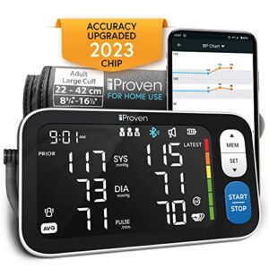 iproven new 2023 smart upper arm blood pressure monitor - home use, 500 memory sets - large adjustable cuff - largest widescreen backlit display - bluetooth app for ios & android