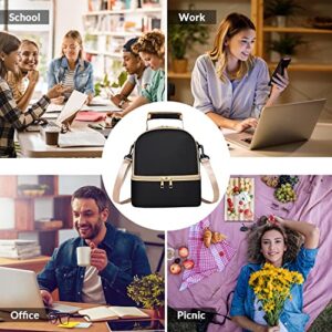 TOIOT Lunch Bag for Women Men, Reusable Lunch Box, Dual Compartment Insulated Lunch Bag with Adjustable Shoulder Strap for Office Work Picnic (Black)