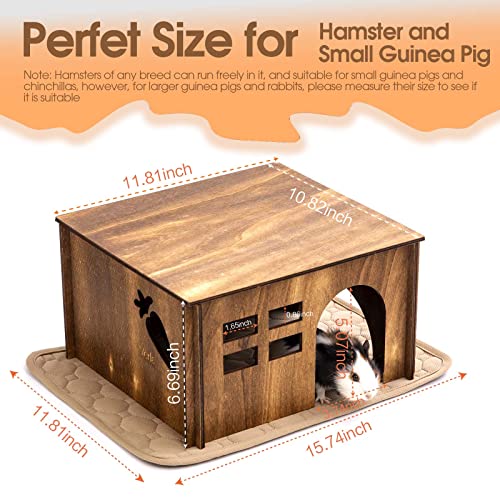 Guinea Pig Hideout and House with Liners, Easter Guinea Pig Accessories 2 Doors & Bottomless Wooden Hut with Washable Pee Pad Warm Room Retro Habitat Enclousure for Hamster Chinchilla Guinea Pigs