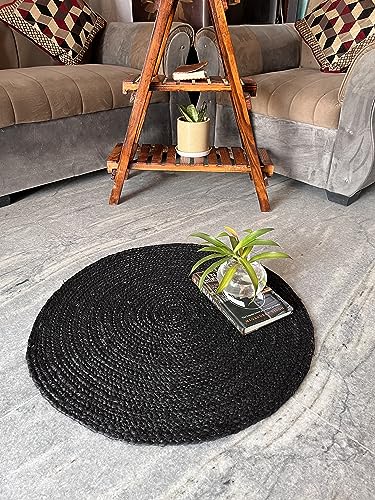 VIDVIK VINTAGE 2 Ft. Black Jute Area Rug - Round Braided Rustic Rug - Vintage Woven Rug - Jute Rugs for Bedroom, Kitchen, Living Room, Farmhouse - ( 2' Round Black).