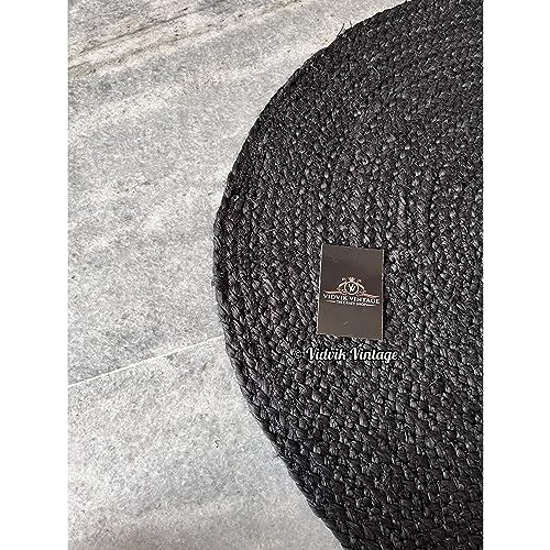 VIDVIK VINTAGE 2 Ft. Black Jute Area Rug - Round Braided Rustic Rug - Vintage Woven Rug - Jute Rugs for Bedroom, Kitchen, Living Room, Farmhouse - ( 2' Round Black).