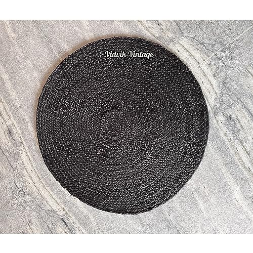 VIDVIK VINTAGE 2 Ft. Black Jute Area Rug - Round Braided Rustic Rug - Vintage Woven Rug - Jute Rugs for Bedroom, Kitchen, Living Room, Farmhouse - ( 2' Round Black).