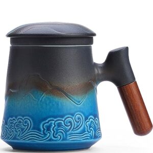 maxjoy tea cup with infuser and lid,15.2 oz large loose leaf tea cup,ceramic tea steeping mug with rosewood handle,black & blue