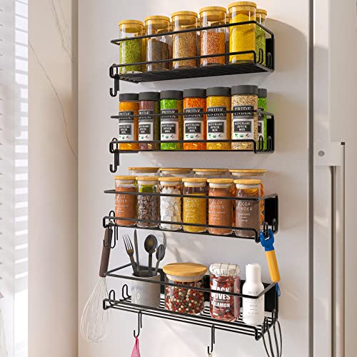 Deinyi Magnetic Spice Rack for Refrigerator, Spice Rack, Spice Organizer, Magnetic Spice Rack, Spice Storage, Spice Rack for Spice Jars and Spice Bottles, Storage Rack with 24 Hooks, Metal Black