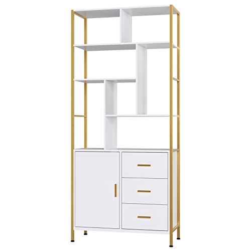 finetones Gold Bookshelf with 3 Drawers, 71.2” Tall Bookshelf White and Gold Bookshelf with Sturdy Metal Frame, Gold Shelf Etagere Standard Book Shelf Display Shelf for Home Office