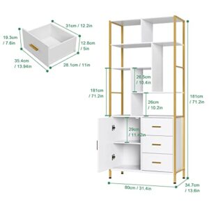 finetones Gold Bookshelf with 3 Drawers, 71.2” Tall Bookshelf White and Gold Bookshelf with Sturdy Metal Frame, Gold Shelf Etagere Standard Book Shelf Display Shelf for Home Office