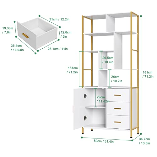 finetones Gold Bookshelf with 3 Drawers, 71.2” Tall Bookshelf White and Gold Bookshelf with Sturdy Metal Frame, Gold Shelf Etagere Standard Book Shelf Display Shelf for Home Office