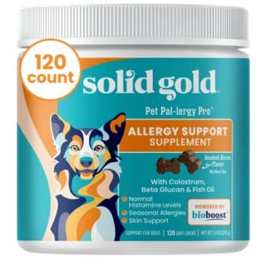 solid gold dog allergy relief chews - dog itch relief with omega 3 wild alaskan salmon fish oil + colostrum & beta glucan - anti itch & hot spots + seasonal allergies - bacon flavor - 120 count