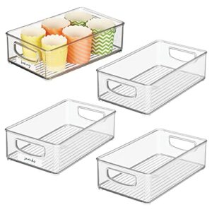 mdesign plastic kitchen bins with handles and preprinted cursive food labels combo set for organizing pantry, kitchen, shelves, or counter, includes 4 clear bins and 120 white labels with black text