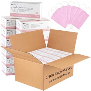 bh supplies 2400 pcs bulk face mask (48 packs, 50pcs/pack), non woven thick 3-layers breathable facial masks with adjustable earloop, mouth and nose cover -pink