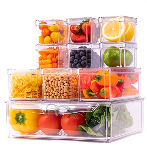 CLEARISTO 10 Pack Fridge Organizer - Stackable Refrigerator Organizer Bins with Lids - BPA-Free Fridge Organizers and Storage - Clear Fridge Storage Containers for Produce, Fruit, Vegetable